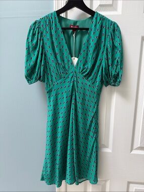 STAUD Teal Printed Puff-Sleeve V-Neck Mini Dress